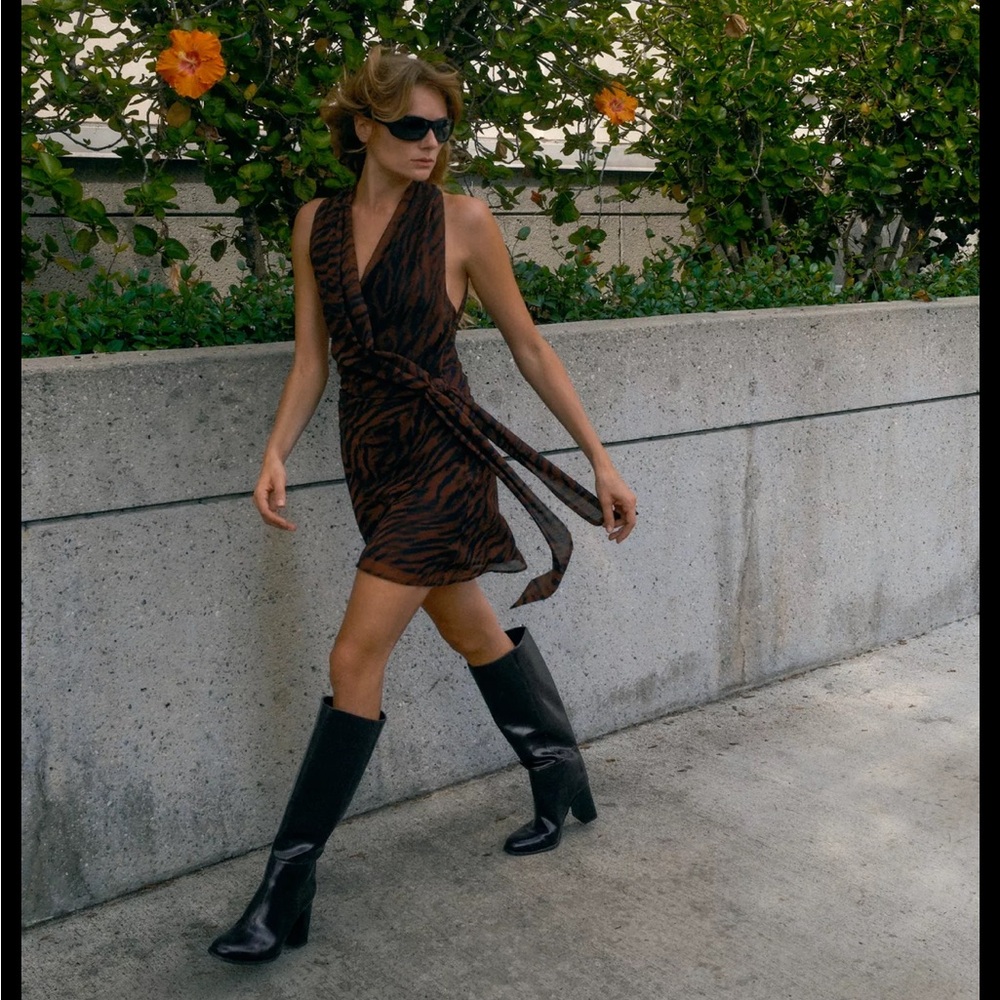 Zara limited edition Stylish Brown and Black Animal print wrap mini Dress